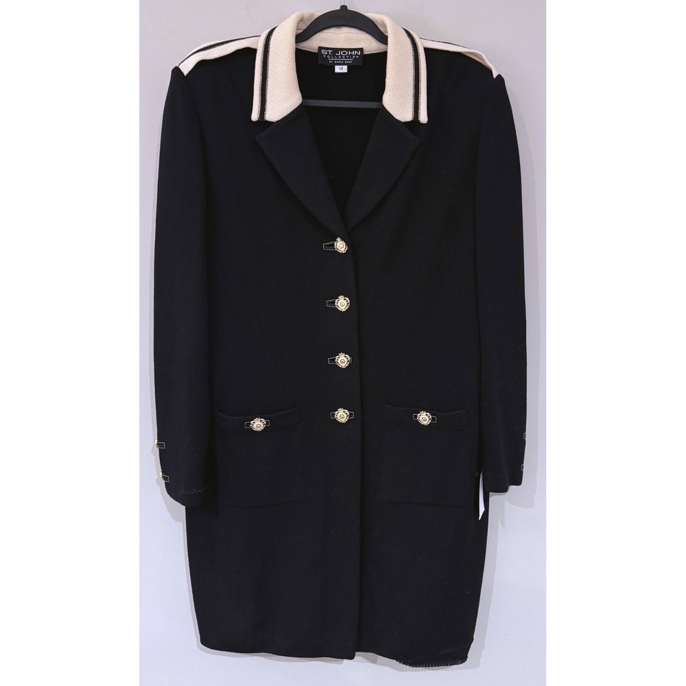 St John Collection Marie Gray Black Knit Longline Jacket Gold Logo Button 16